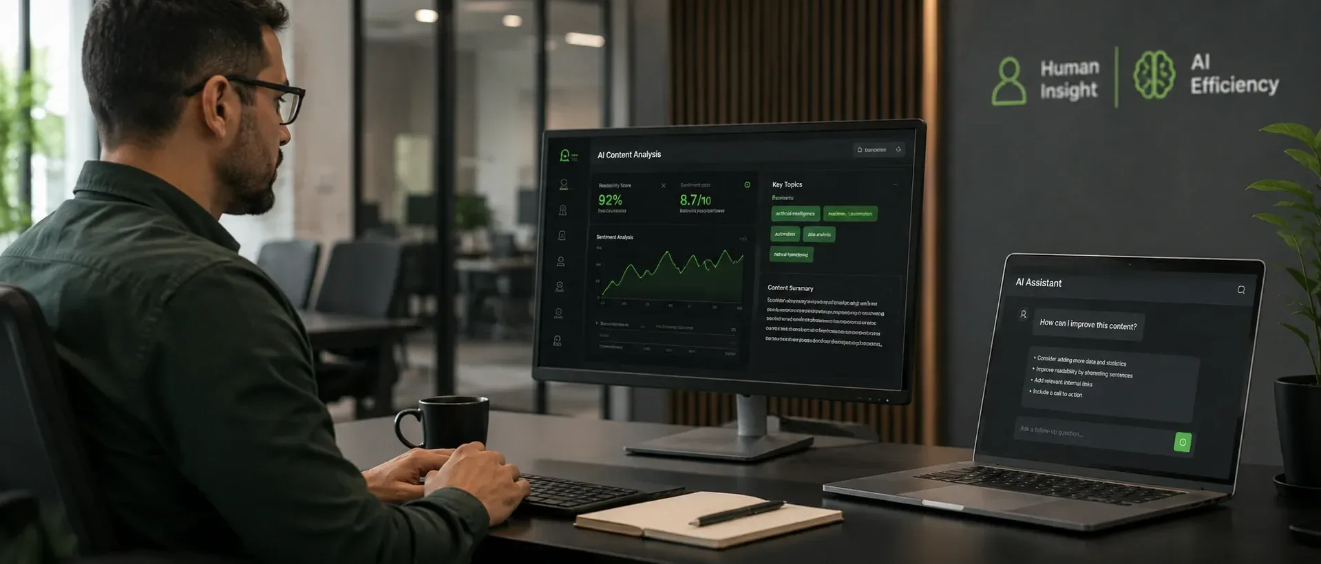 A minimalist visual concept combining AI and content marketing themes.