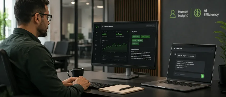 A minimalist visual concept combining AI and content marketing themes.